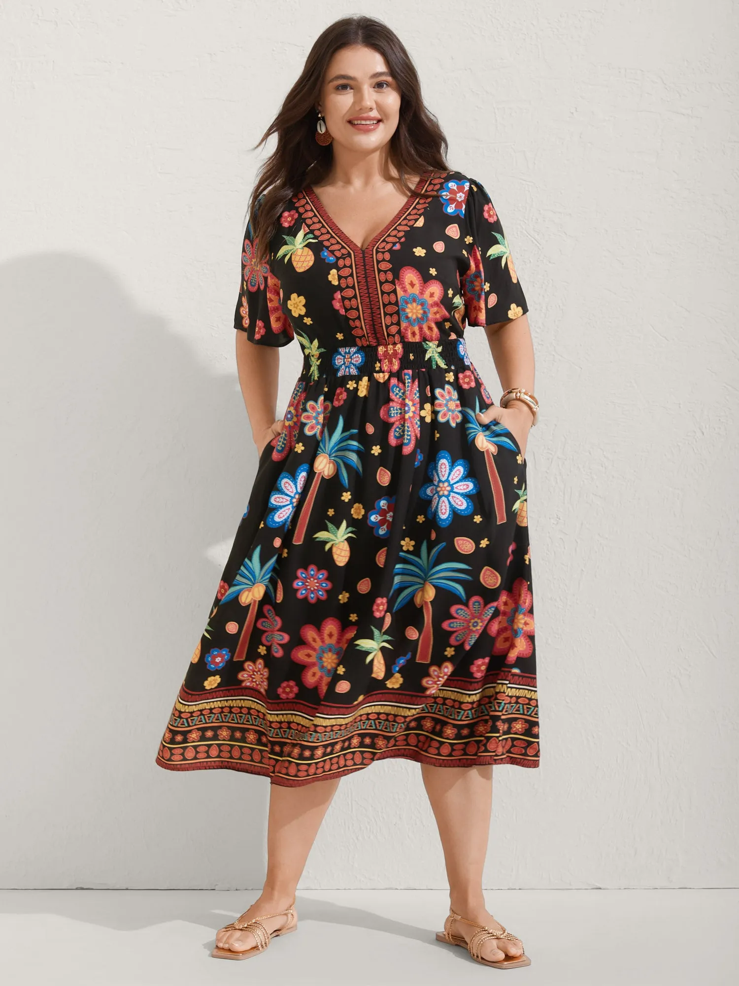 Rayon Tropical Floral Shirred Waist Midi Dress sold by Bloomchic product image thumbnail 3
