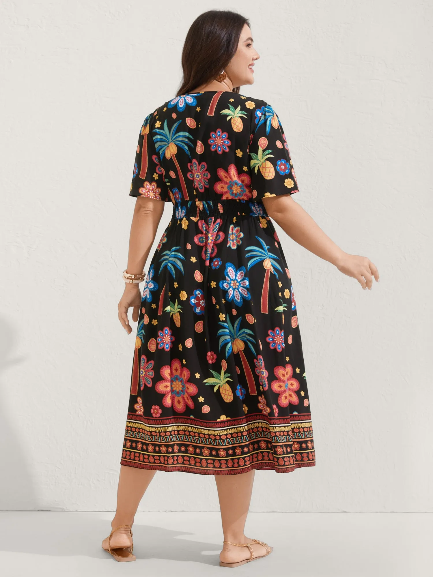 Rayon Tropical Floral Shirred Waist Midi Dress sold by Bloomchic product image thumbnail 4