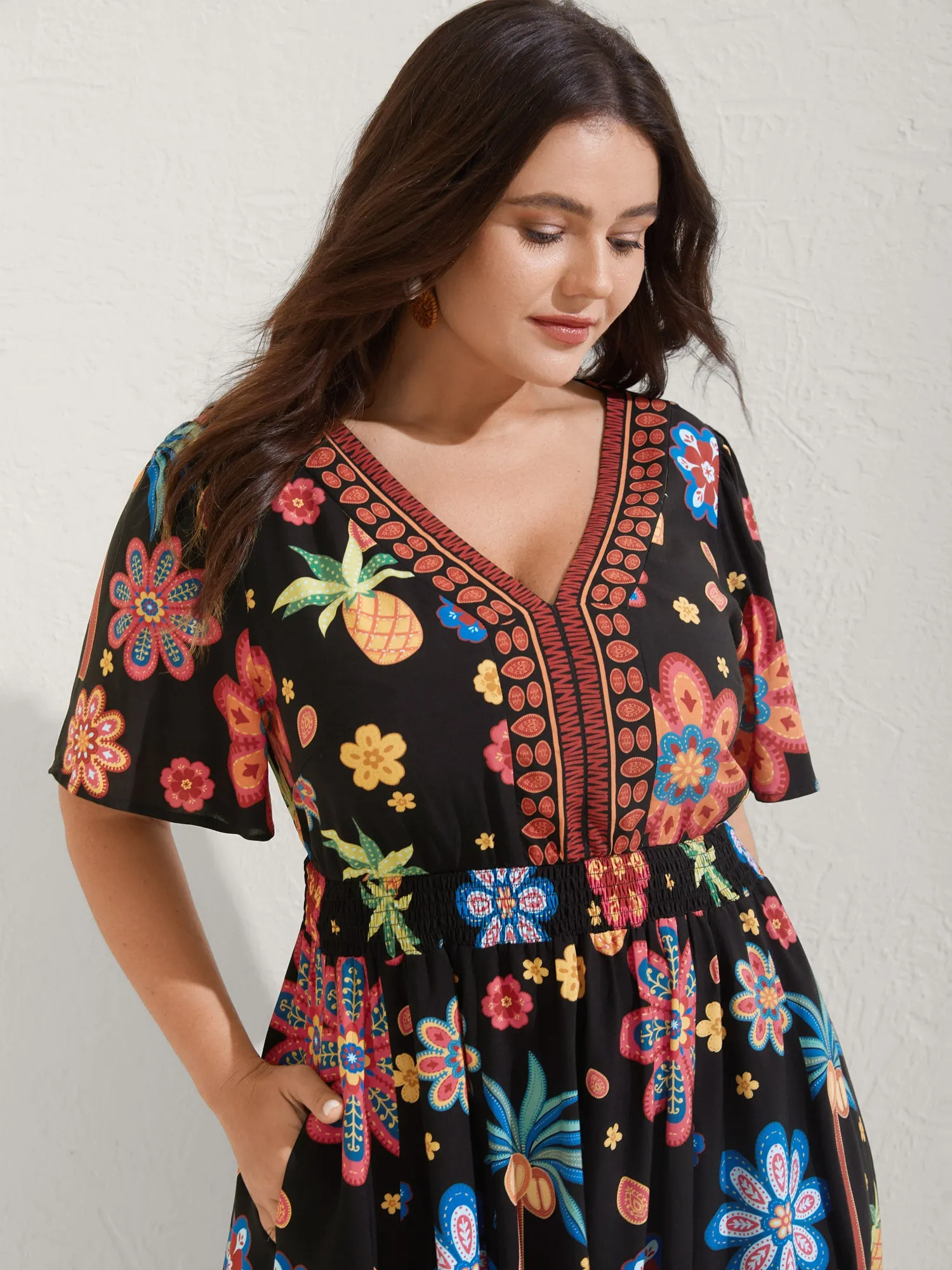 Rayon Tropical Floral Shirred Waist Midi Dress sold by Bloomchic product image thumbnail 2