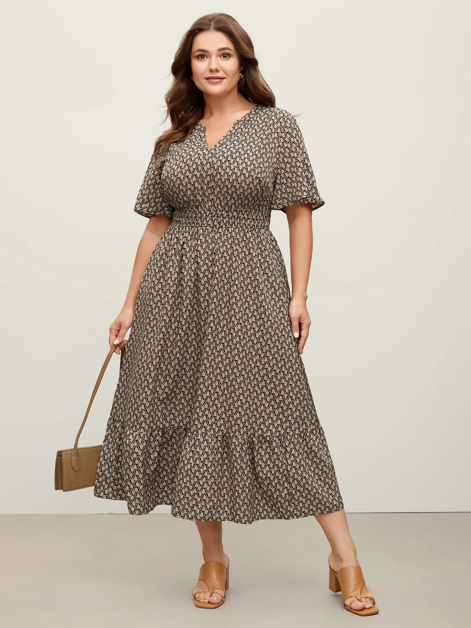 Geometric Print Waist-Cinched Tiered Midi Dress sold by Bloomchic