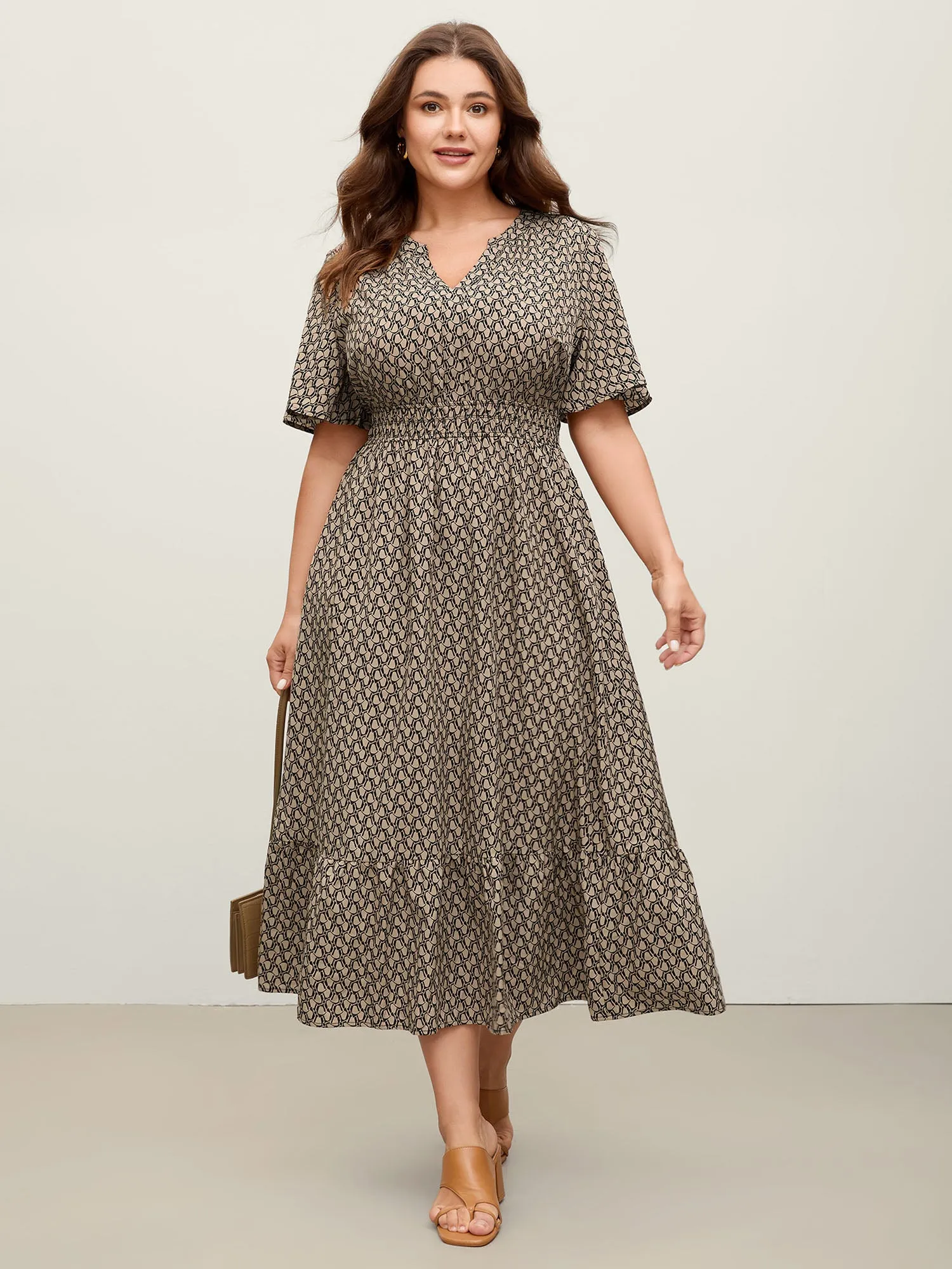 Geometric Print Waist-Cinched Tiered Midi Dress sold by Bloomchic product image thumbnail 3