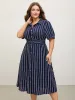 Striped Waist-Cinched Pockets Midi Dress sold by Bloomchic