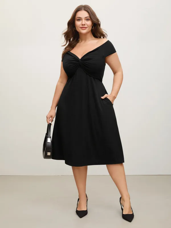 Twist Front Off-Shoulder Pockets Midi Dress sold by Bloomchic