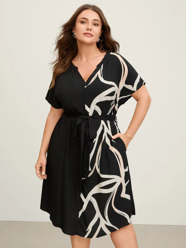 Abstract Contrast Curvy Hem Belted Midi Dress sold by Bloomchic