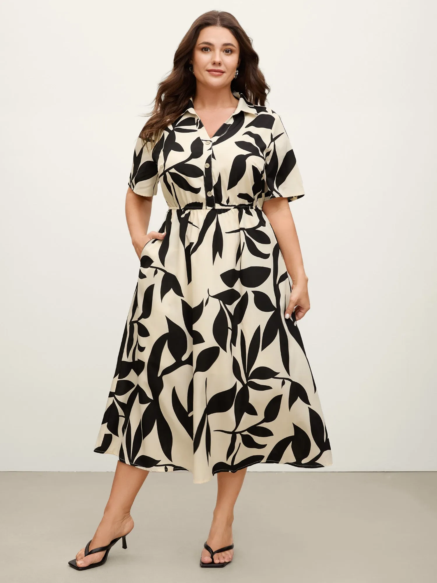 Leaf Print Buttons Waist-Defining Midi Dress sold by Bloomchic product image thumbnail 2