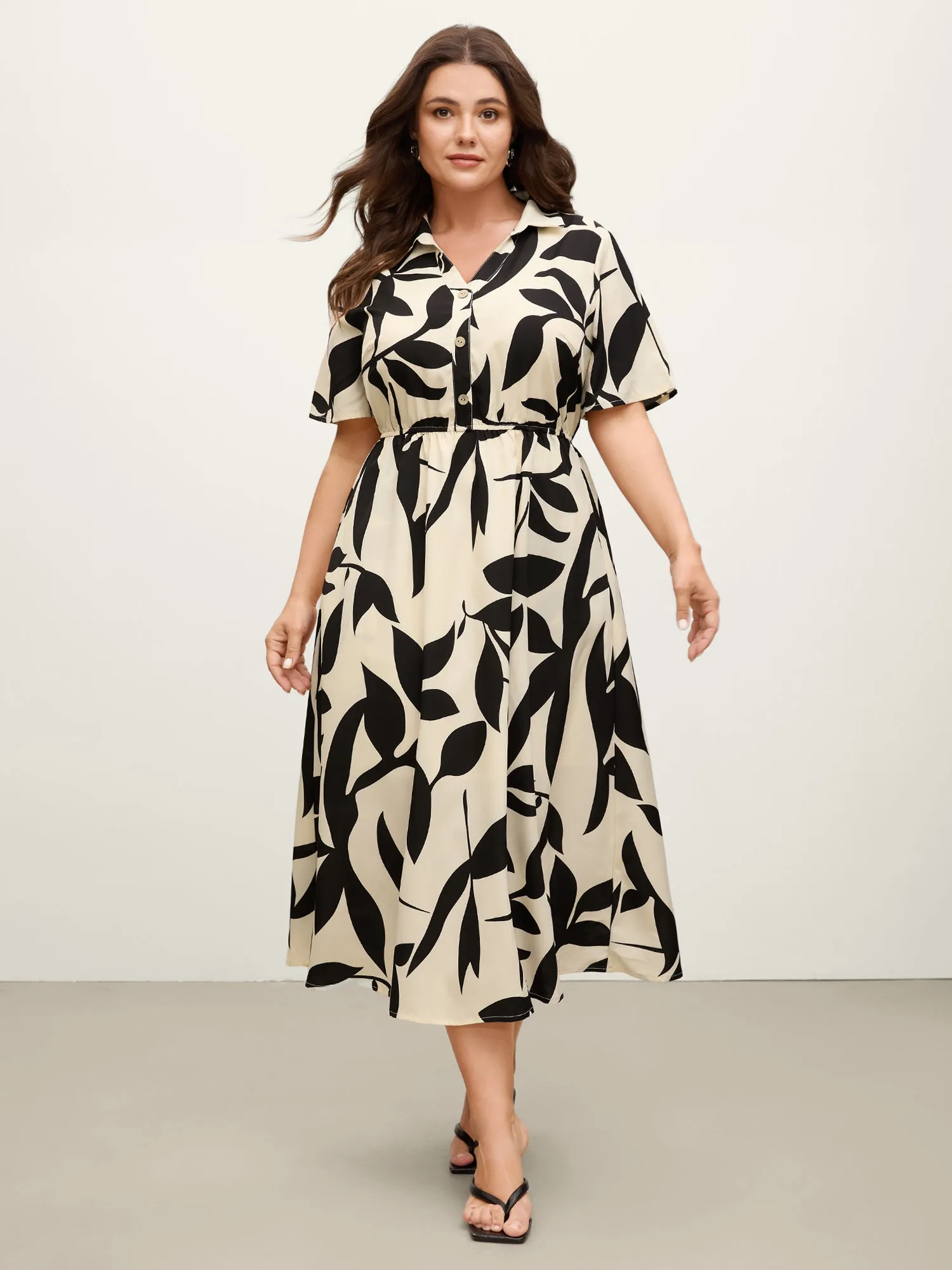 Leaf Print Buttons Waist-Defining Midi Dress sold by Bloomchic product image thumbnail 3