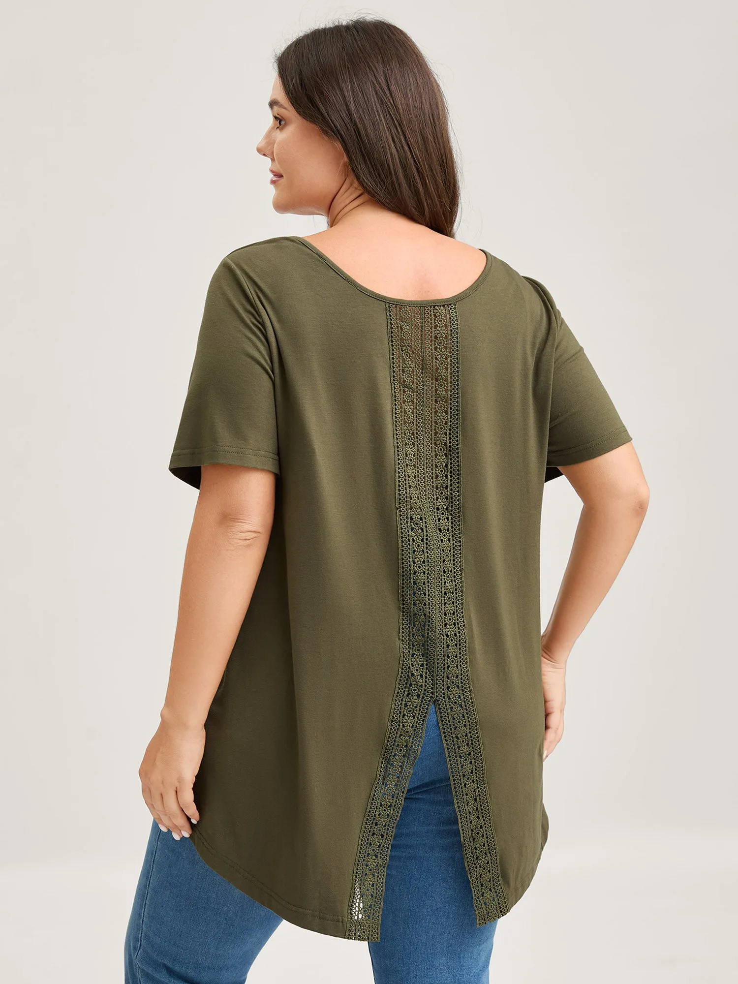 Split Lace Back Solid T-Shirt sold by Bloomchic