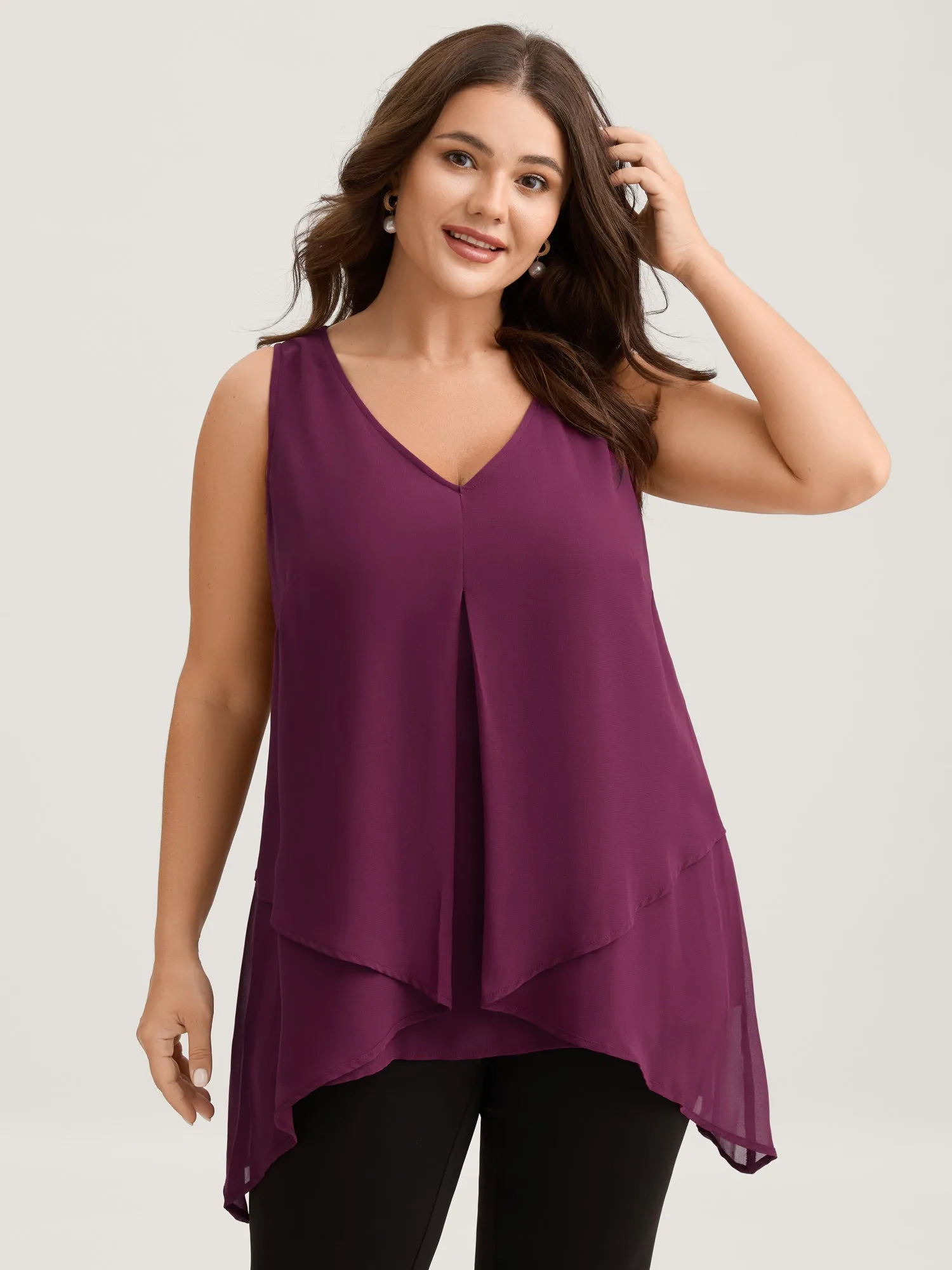 Chiffon Overlap Hem V-Neck Tank Top sold by Bloomchic