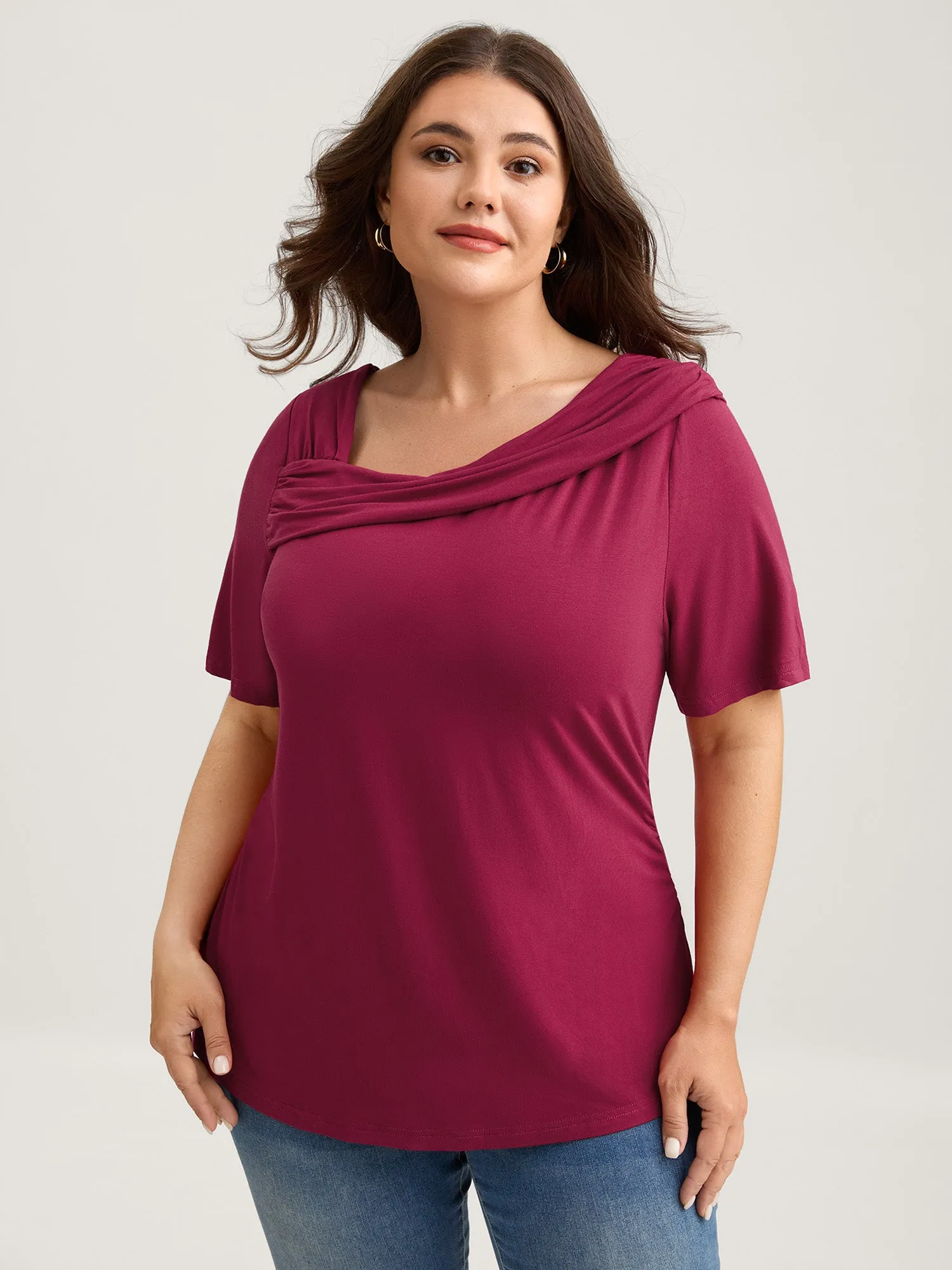 Supersoft Asymmetrical Neckline Solid T-Shirt sold by Bloomchic