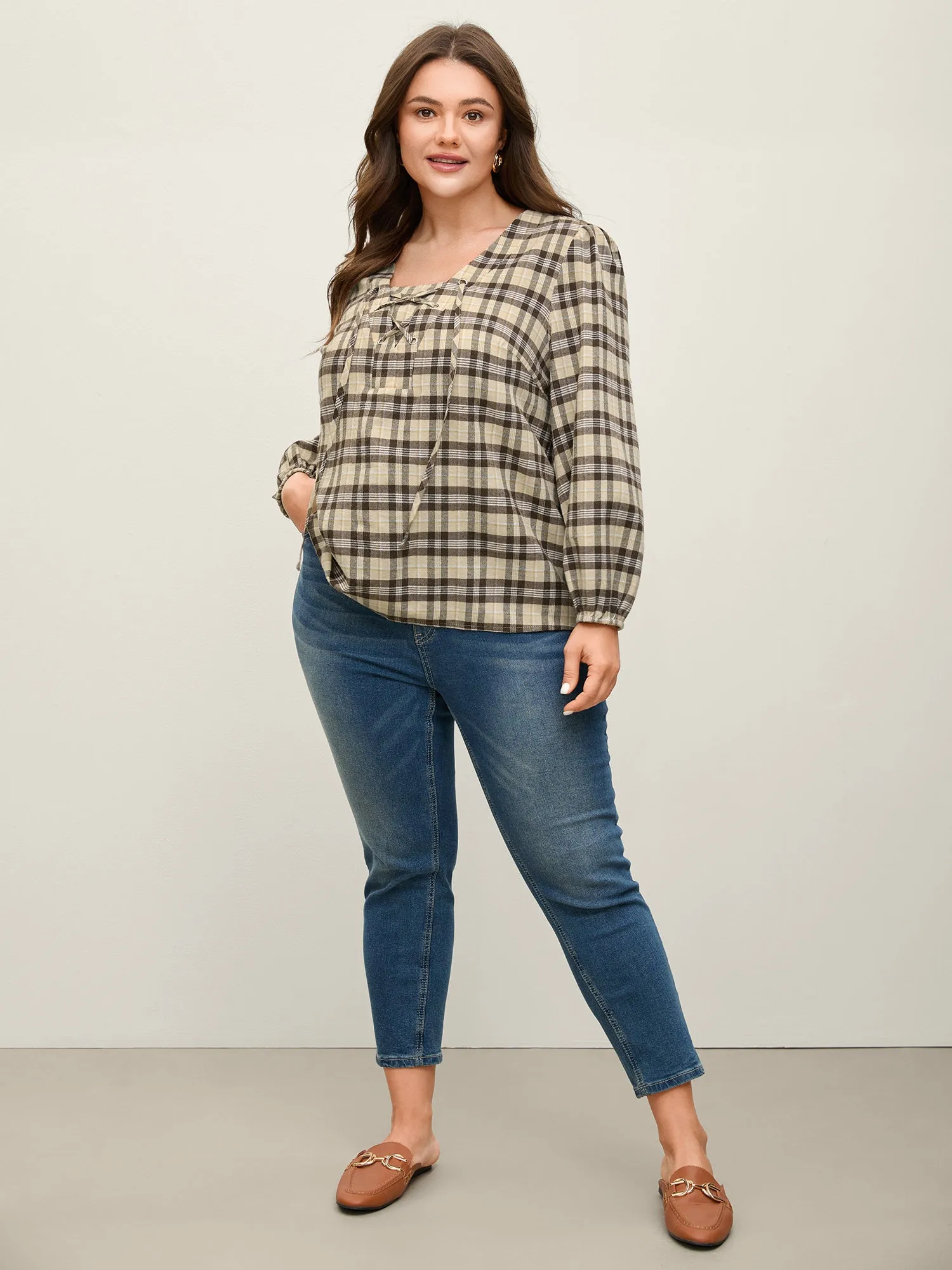 Plaid Print Neck Tie-Up Blouse sold by Bloomchic product image thumbnail 2