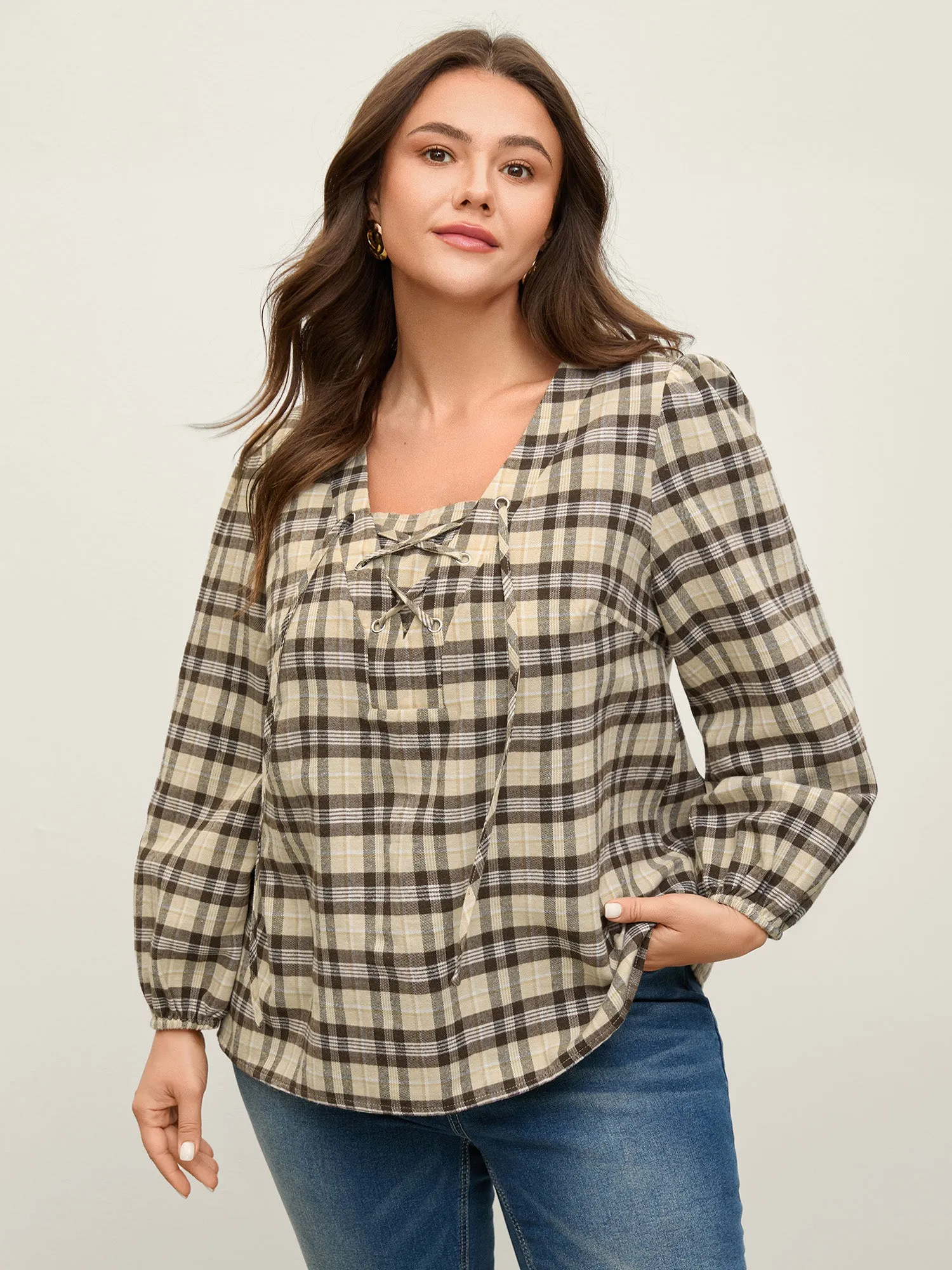 Plaid Print Neck Tie-Up Blouse sold by Bloomchic