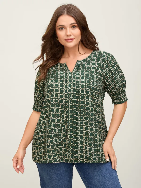 Floral Shirred Split Neckline Blouse sold by Bloomchic