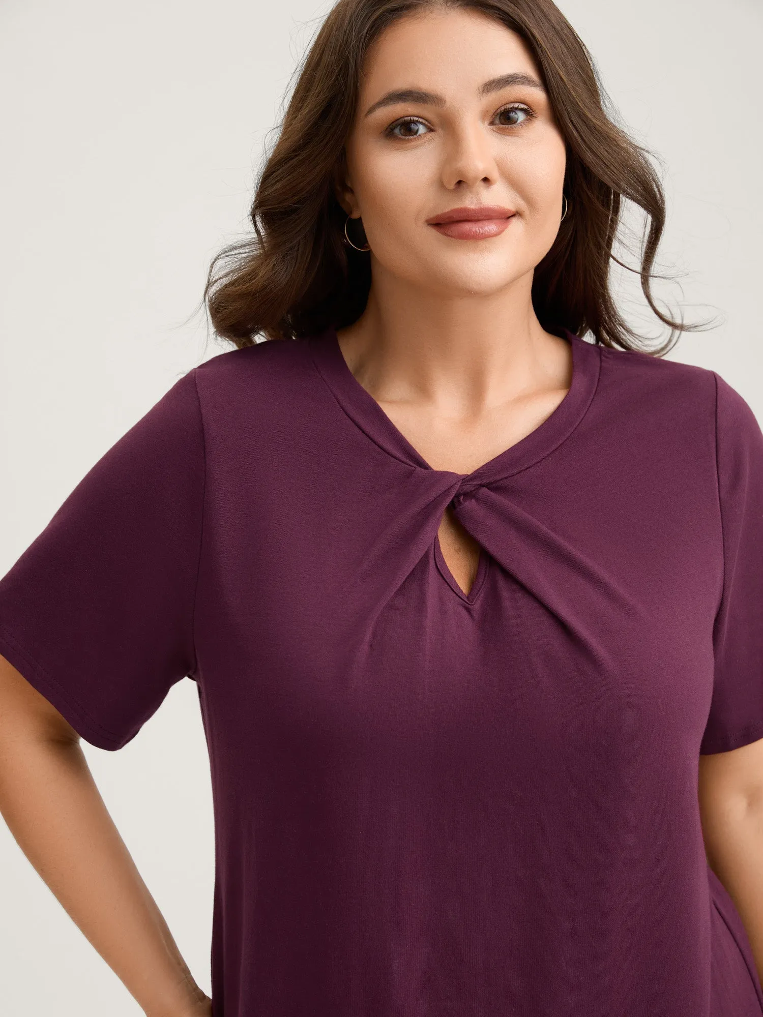 Knotted Cut-Out Neckline Solid T-Shirt sold by Bloomchic product image thumbnail 2