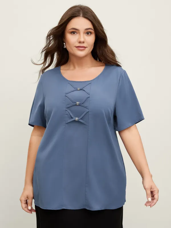 Cross-Tie Metal Detail Solid Blouse sold by Bloomchic