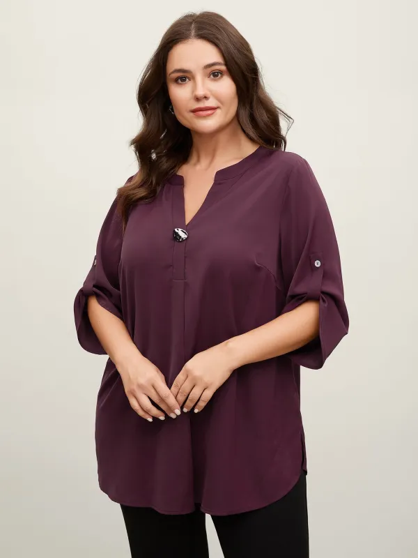 Metal Buckle Neckline Solid Blouse sold by Bloomchic