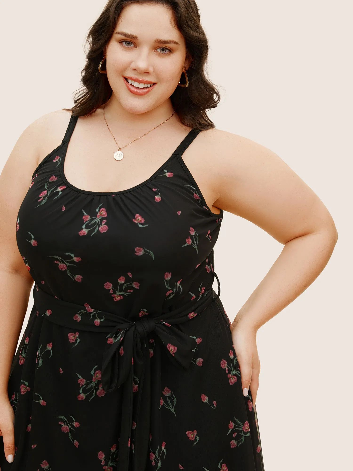 Everywhere Dress - Rose Tiered Mesh Belted Dress sold by Bloomchic product image thumbnail 4