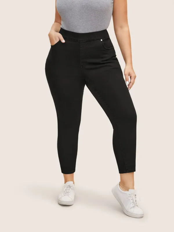 Black Wash Elastic Waist Slim Cropped Jeans sold by Bloomchic