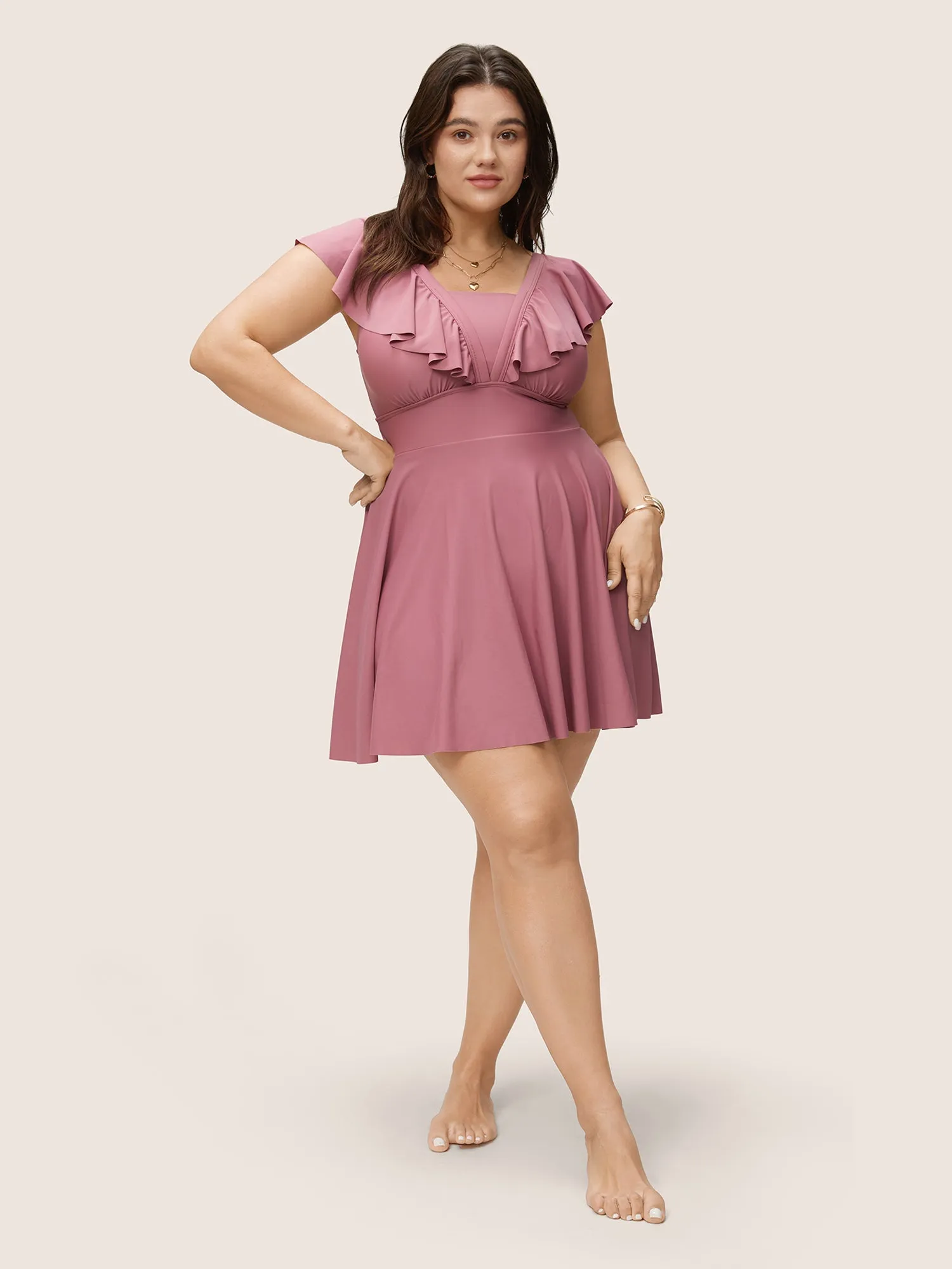 Solid Flutter Trim A Line Swim Dress sold by Bloomchic product image thumbnail 3