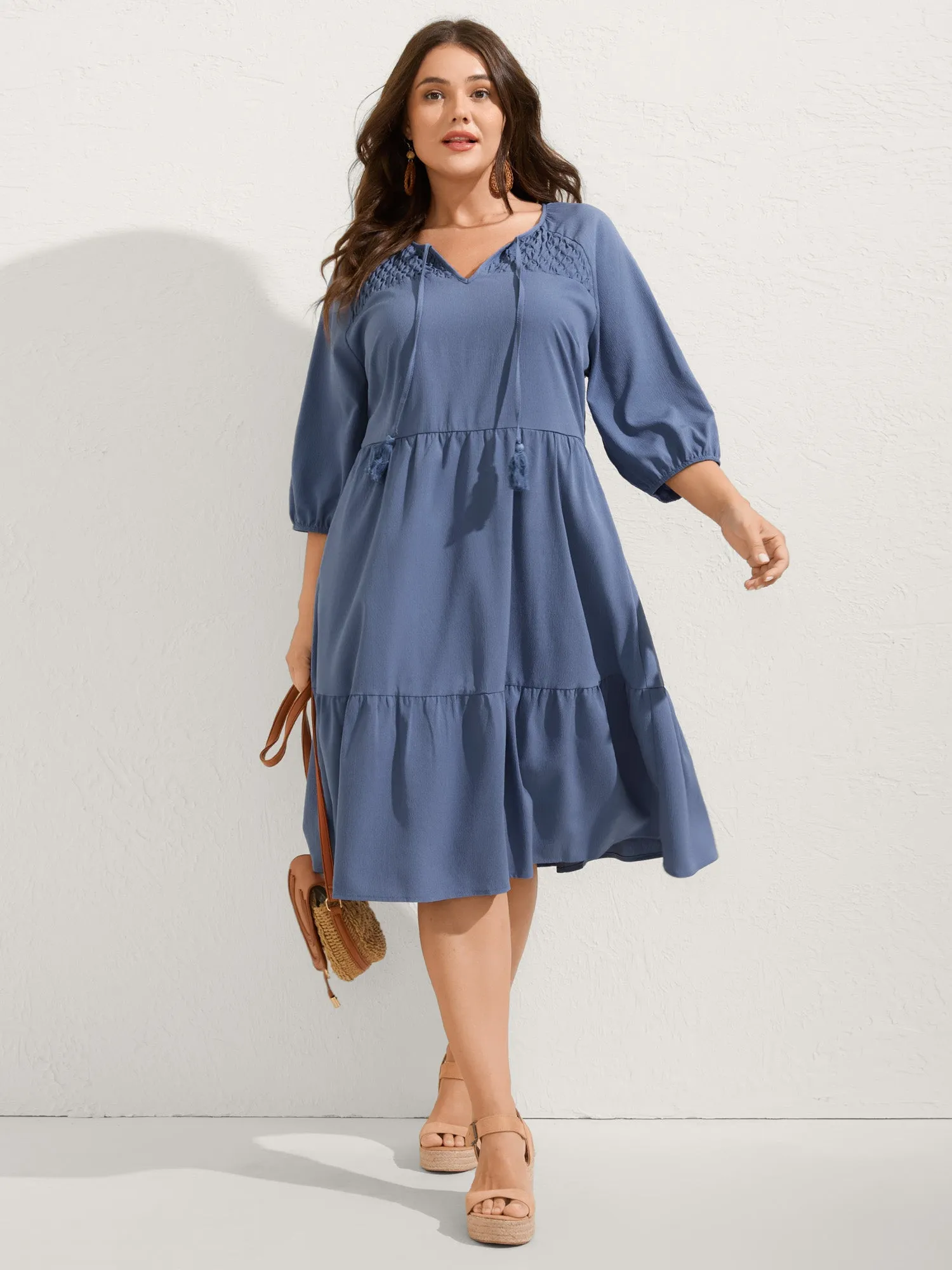 Neck-Tie Tassel Pockets Tiered Midi Dress sold by Bloomchic product image thumbnail 3