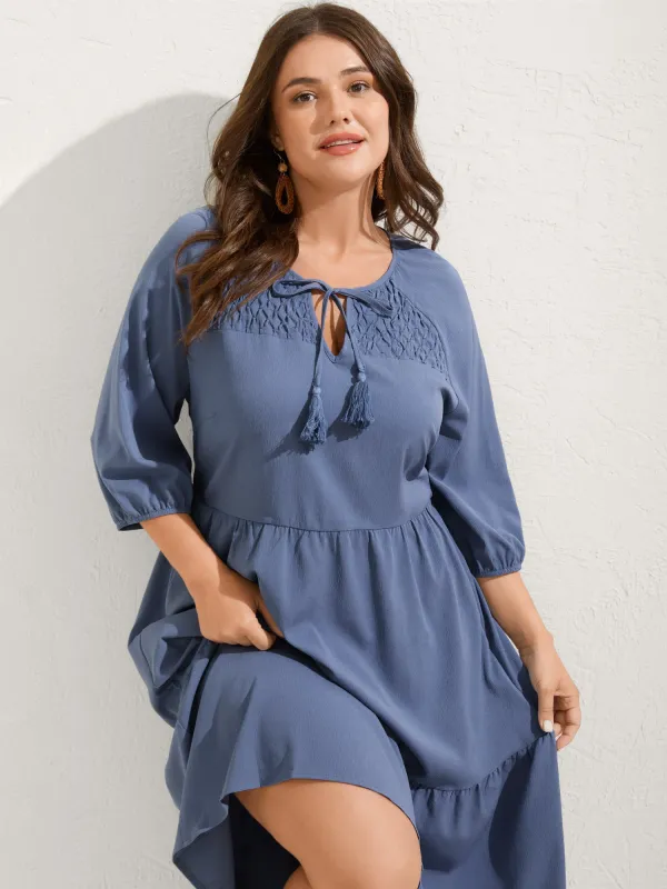 Neck-Tie Tassel Pockets Tiered Midi Dress sold by Bloomchic