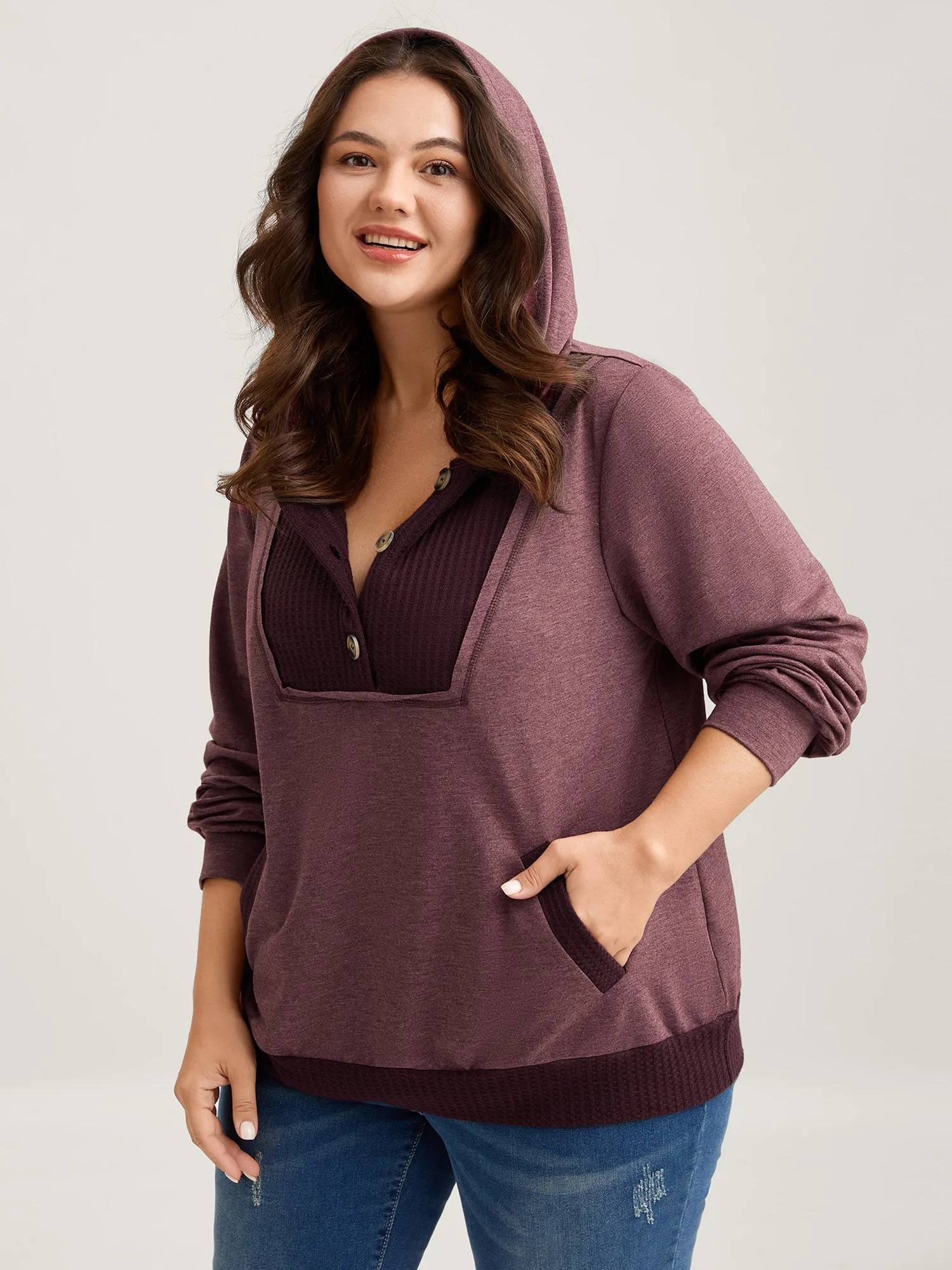 Color Contrast Button Detail Hoodie sold by Bloomchic product image thumbnail 2