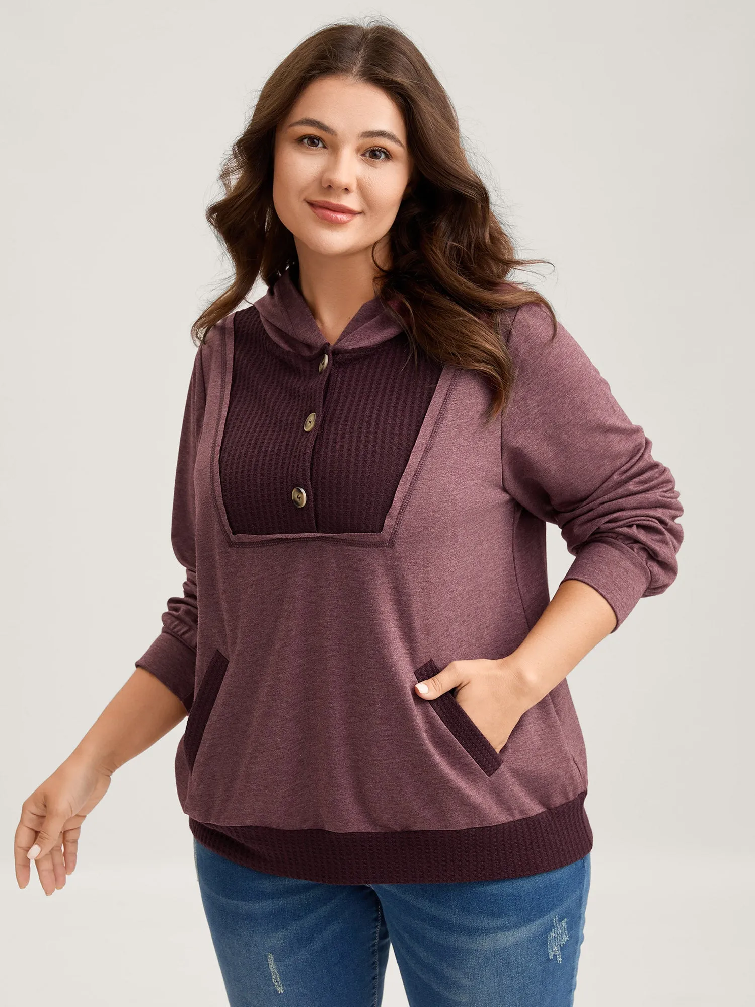 Color Contrast Button Detail Hoodie sold by Bloomchic