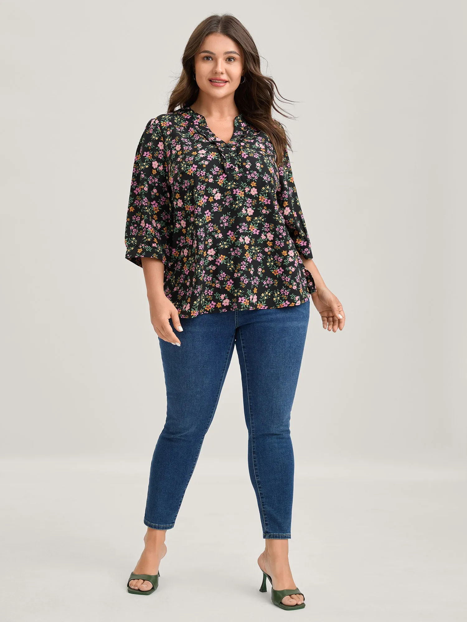 Floral Print Ruffled Neckline Flowy Blouse sold by Bloomchic product image thumbnail 2