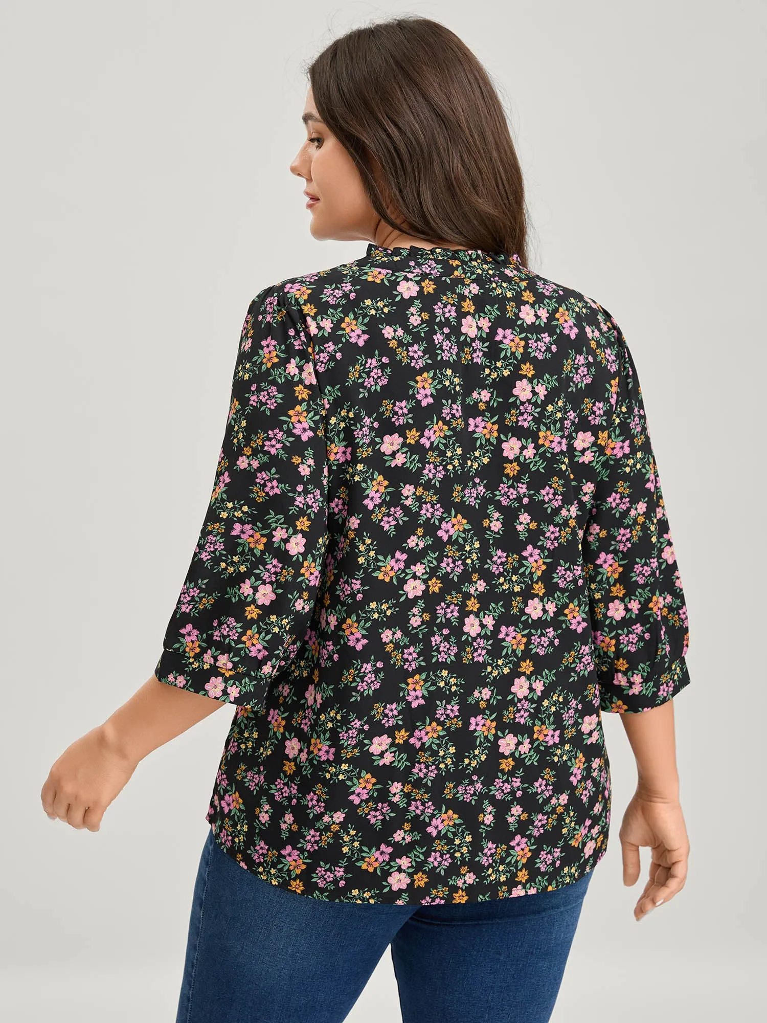 Floral Print Ruffled Neckline Flowy Blouse sold by Bloomchic product image thumbnail 4