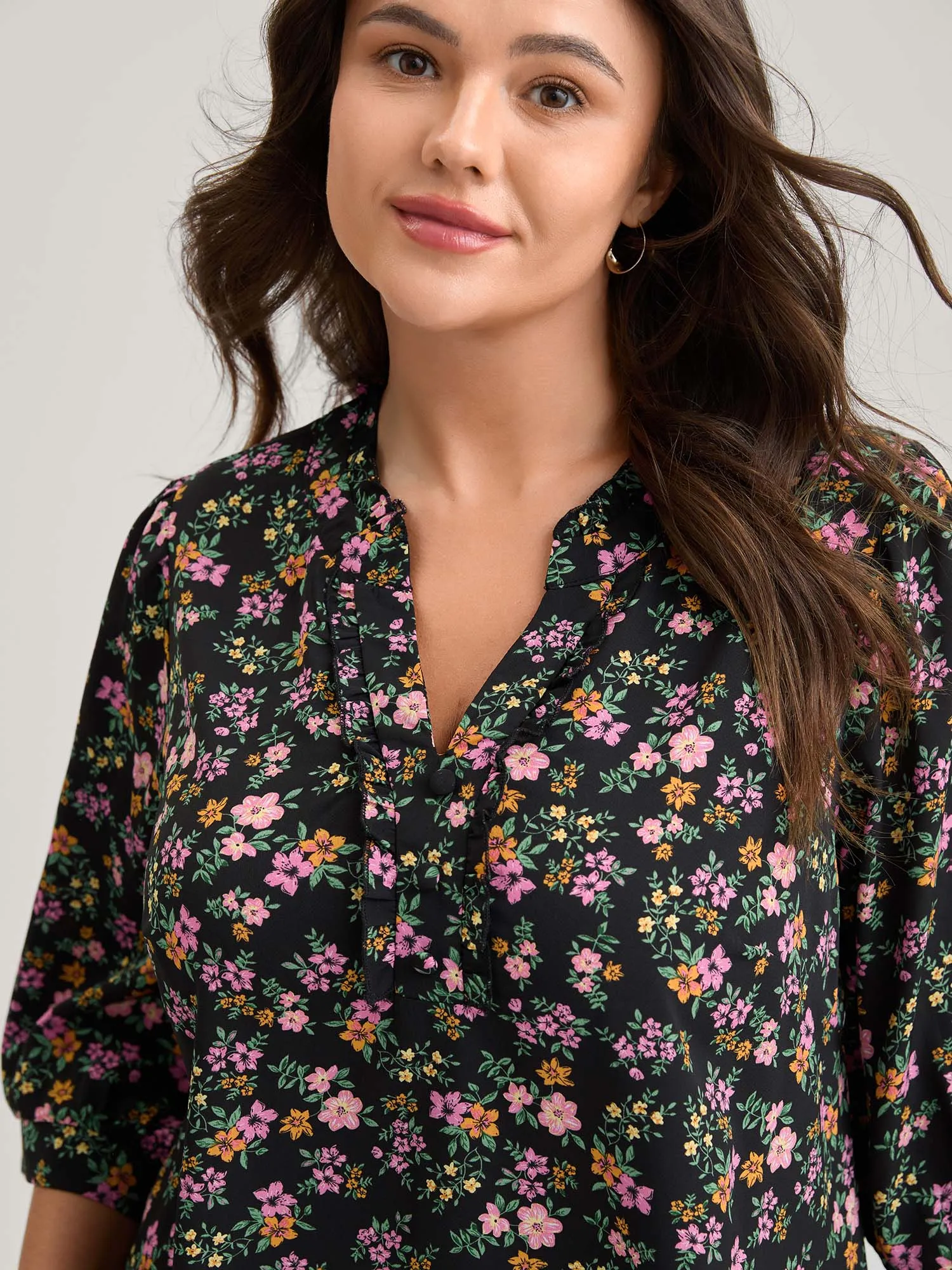 Floral Print Ruffled Neckline Flowy Blouse sold by Bloomchic product image thumbnail 3
