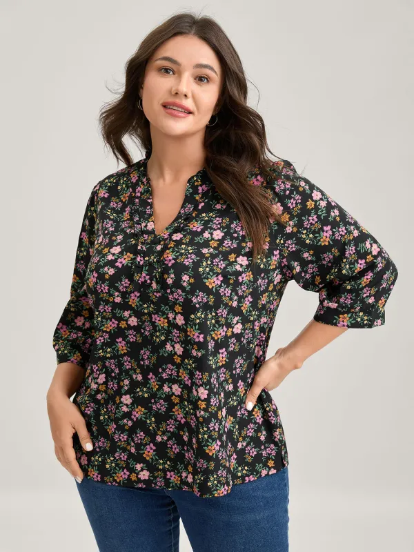 Floral Print Ruffled Neckline Flowy Blouse sold by Bloomchic