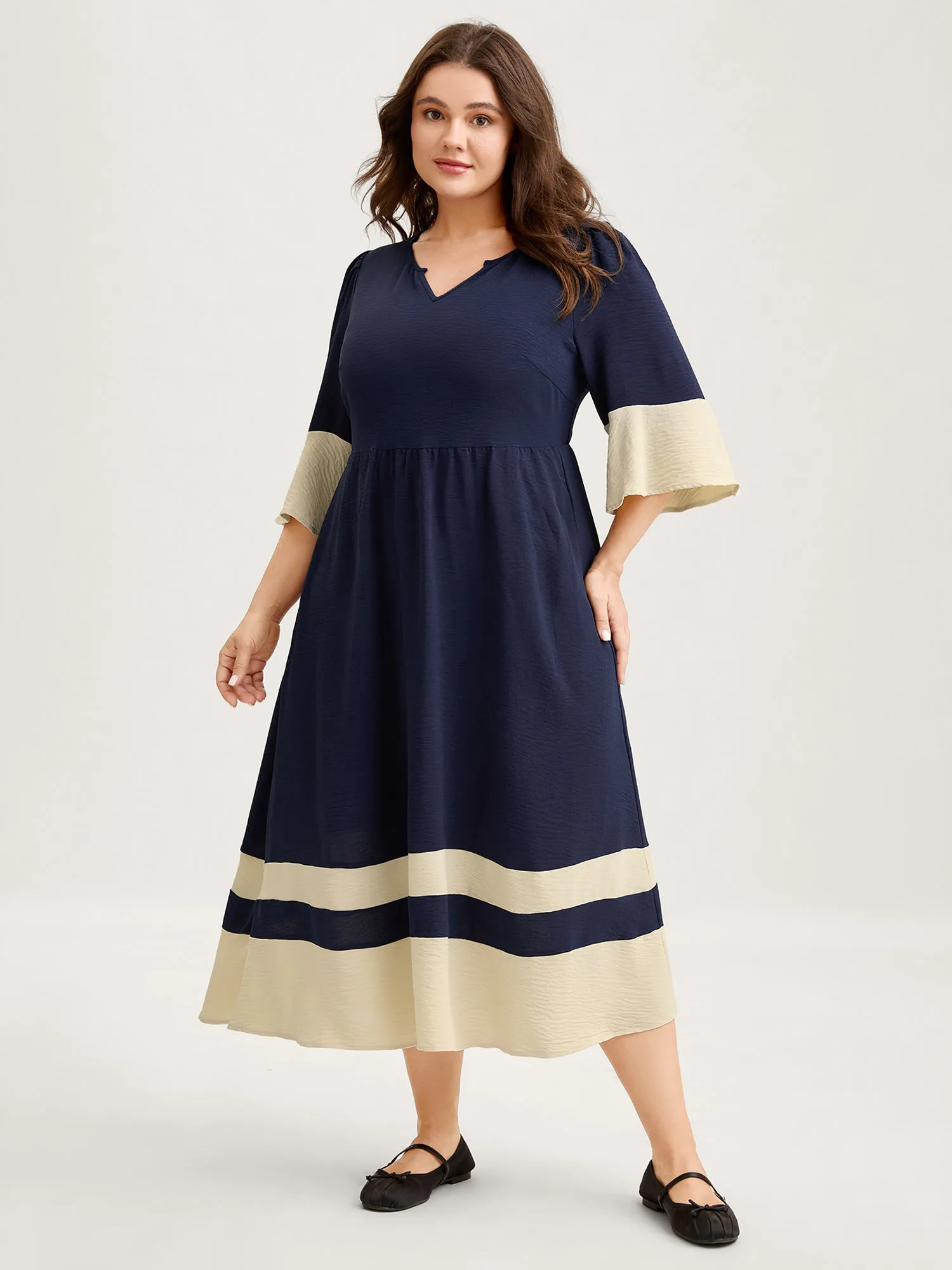 Color Contrast Flared Sleeve Midi Dress sold by Bloomchic product image thumbnail 2