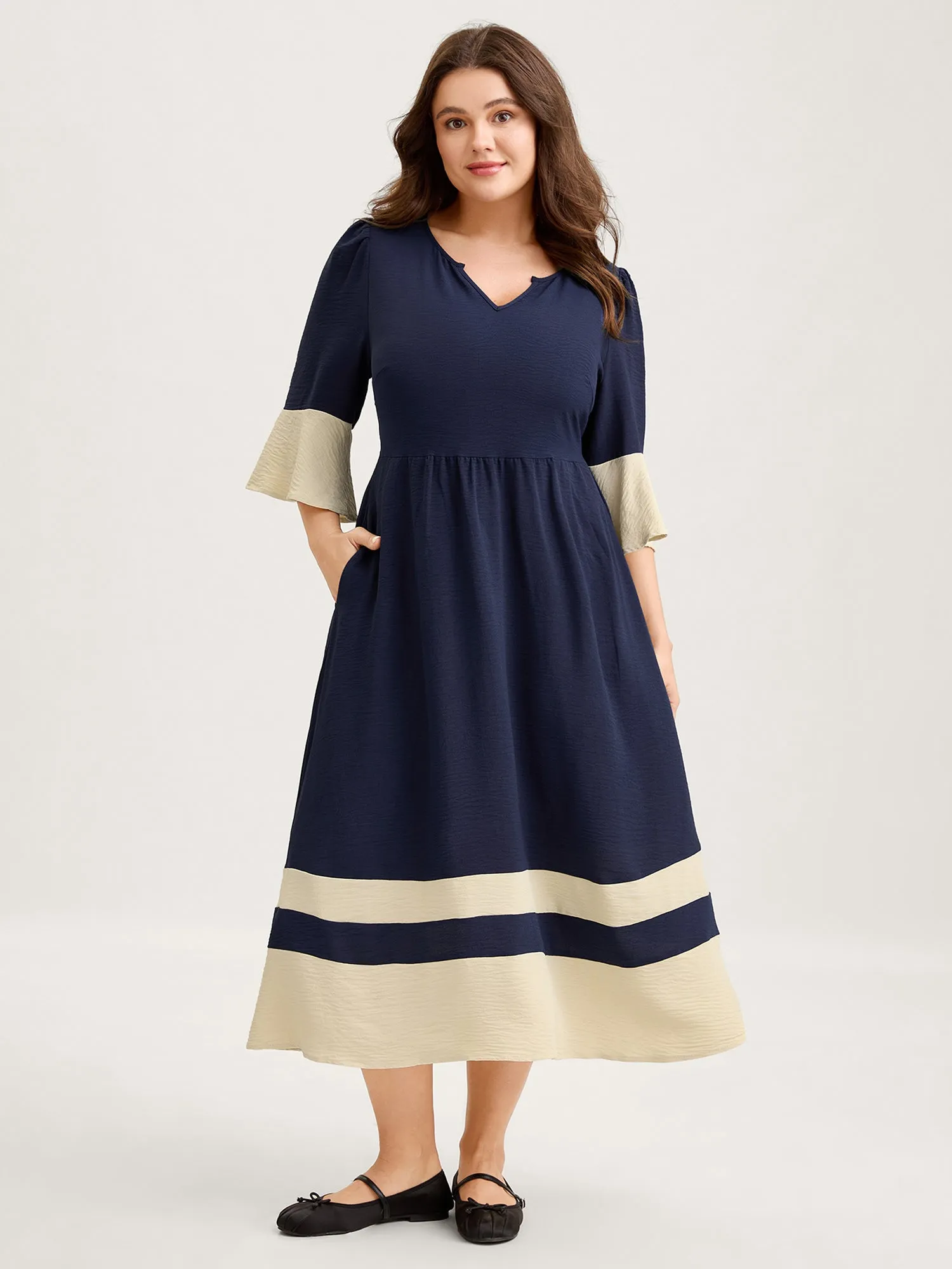 Color Contrast Flared Sleeve Midi Dress sold by Bloomchic product image thumbnail 3