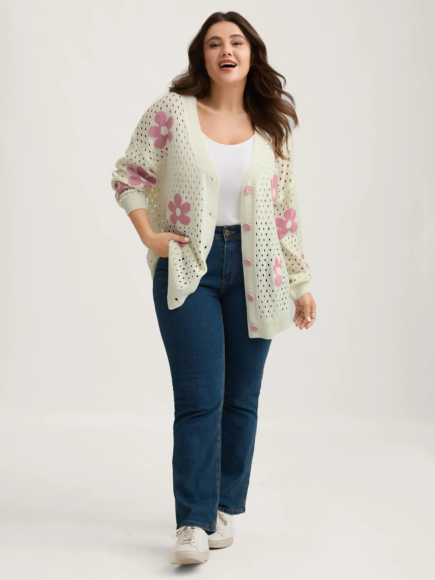 Floral Cut-Out Textured Knit Cardigan sold by Bloomchic product image thumbnail 2