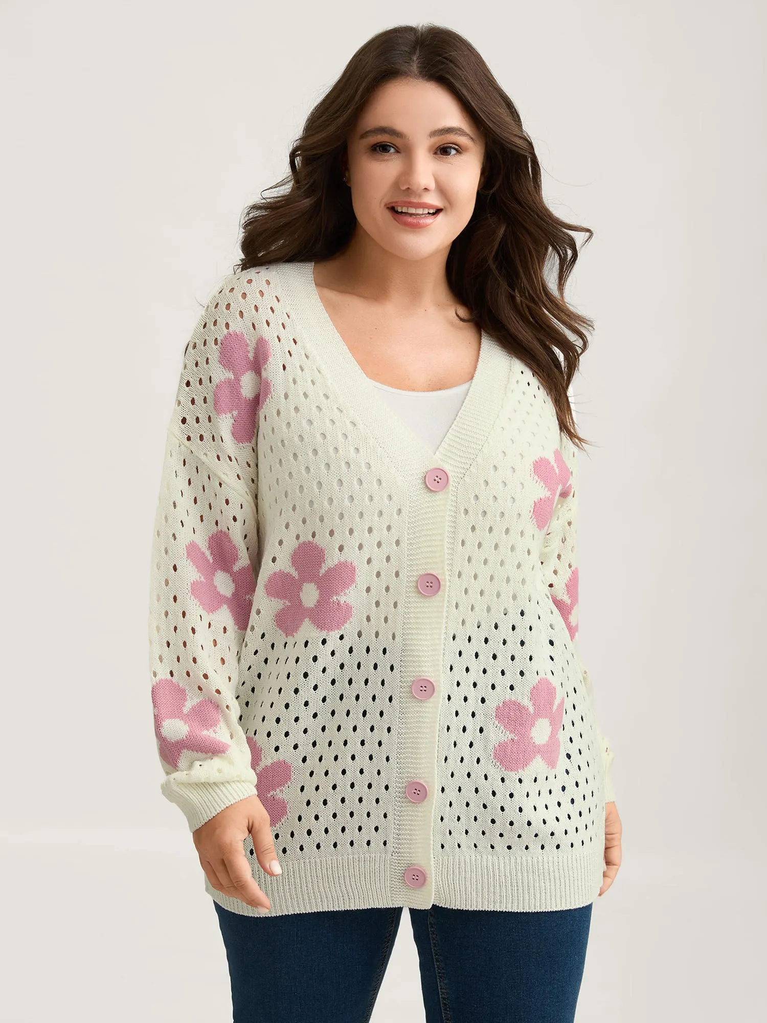 Floral Cut-Out Textured Knit Cardigan sold by Bloomchic