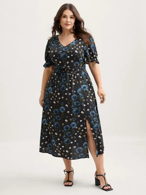 Branch Flower Print Split Pockets Midi Dress sold by Bloomchic