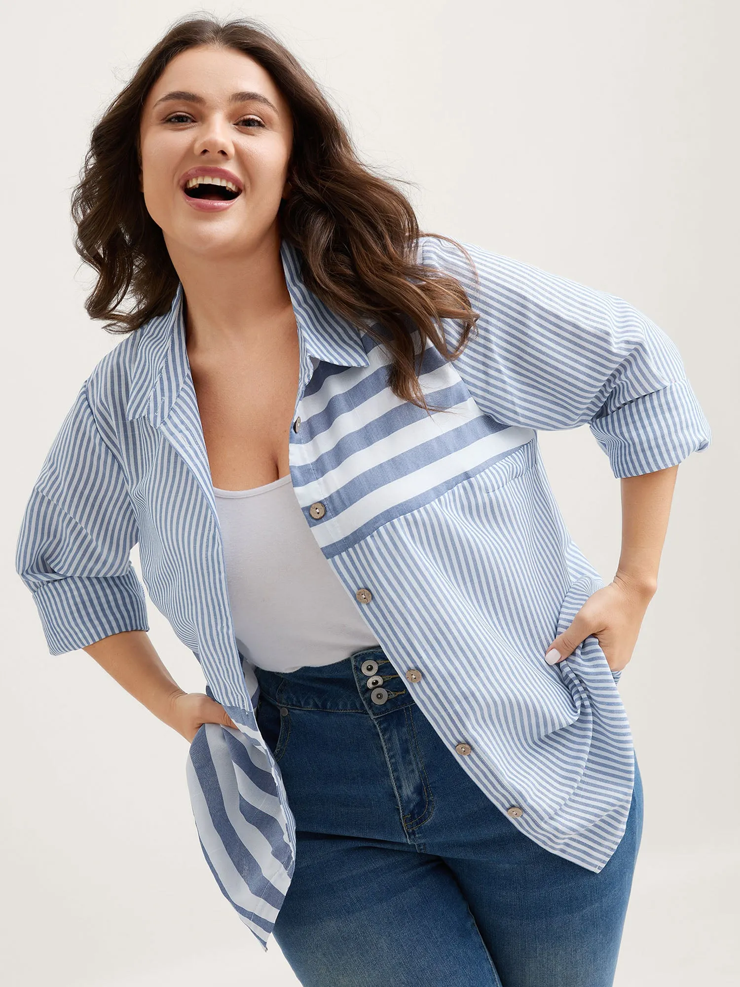 Asymmetrical Stripes Button-Down Shirt sold by Bloomchic