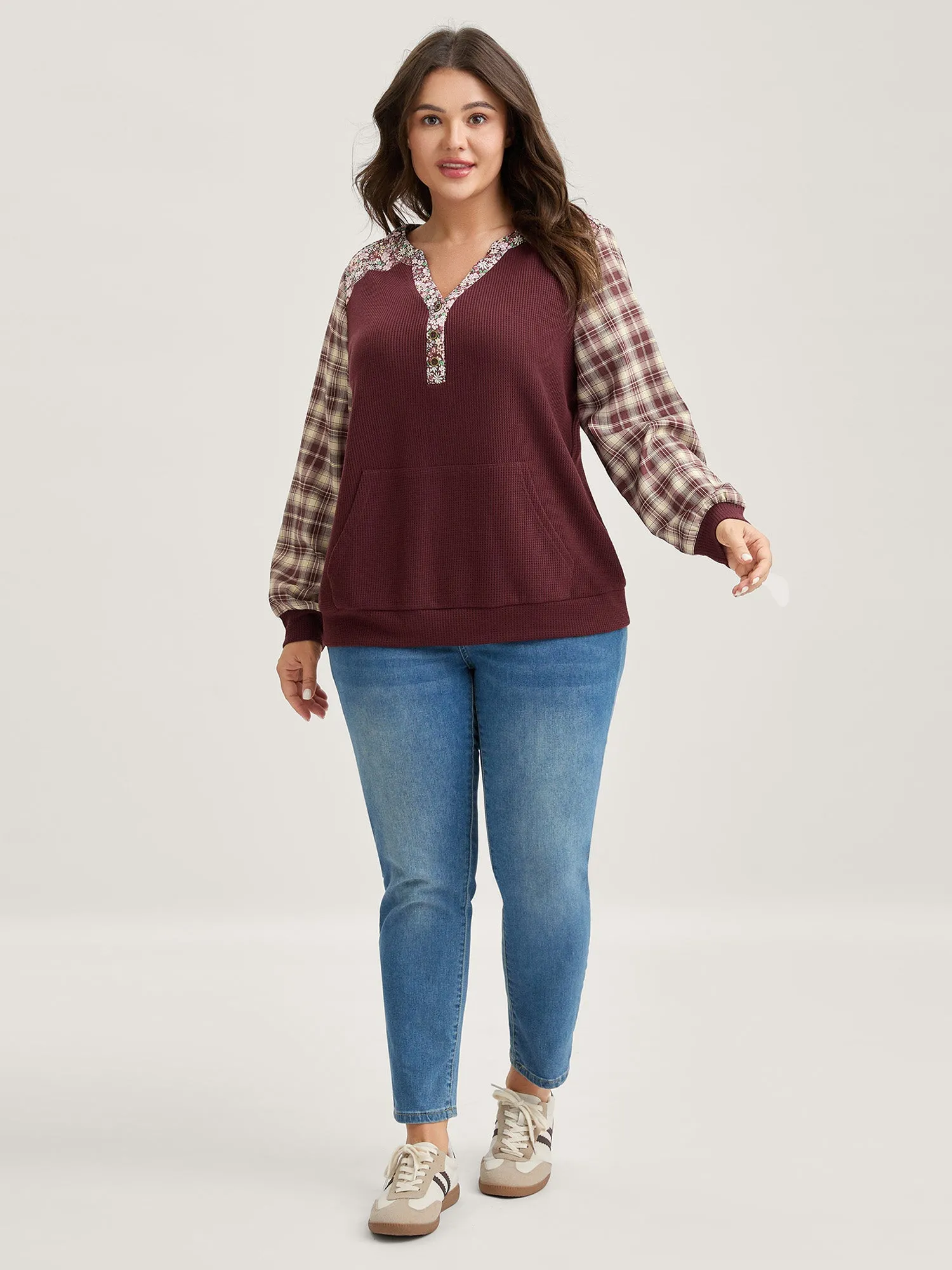 Mixed Print Textured Split Neck Sweatshirt sold by Bloomchic product image thumbnail 3