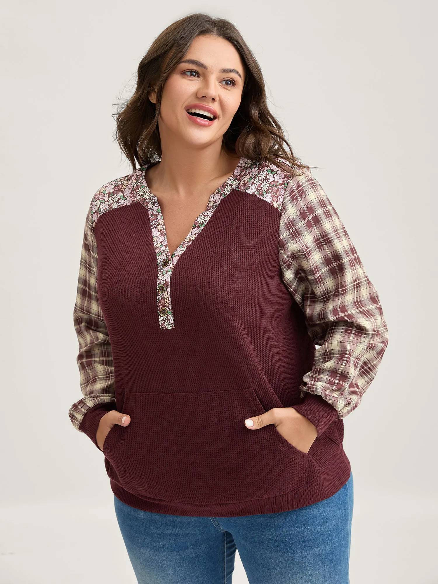 Mixed Print Textured Split Neck Sweatshirt sold by Bloomchic