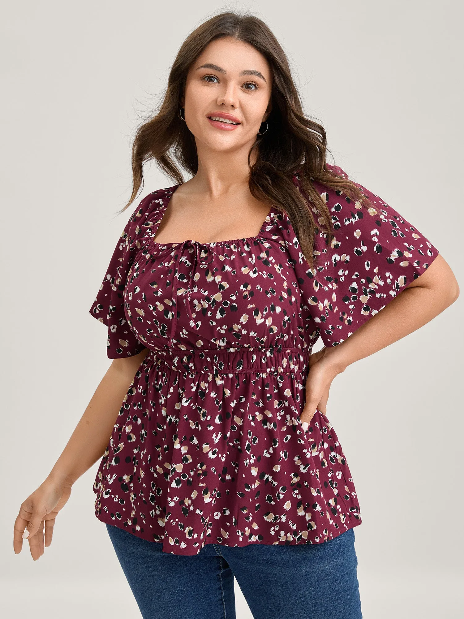 Leopard Brushed Print Neck Drawstring Blouse sold by Bloomchic