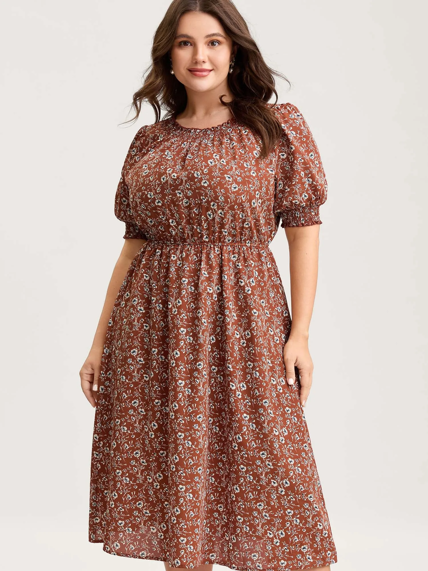Micro-Floral Print Ruffled Neck Midi Dress sold by Bloomchic