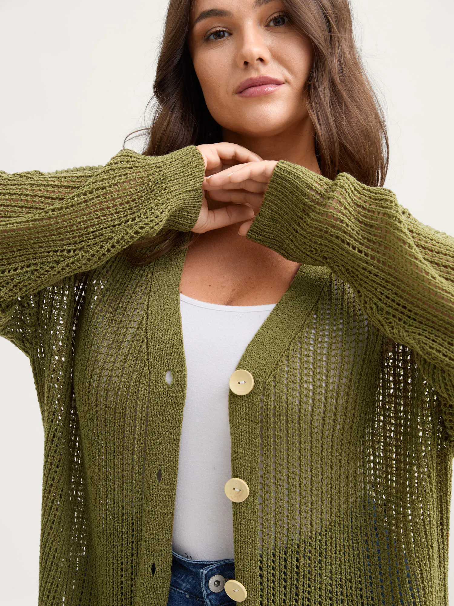 Textured Cut-Out Button Detail Cardigan sold by Bloomchic