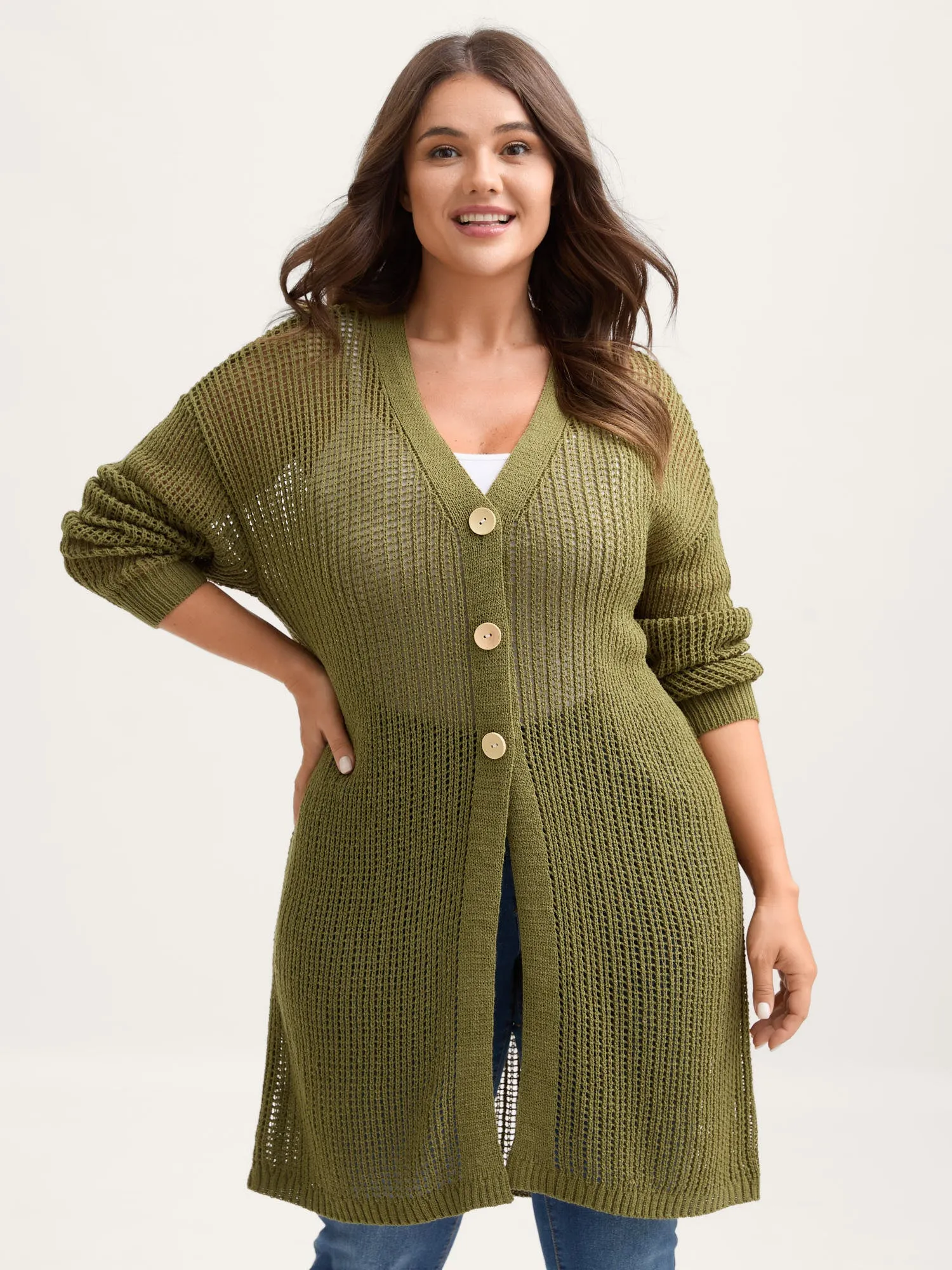 Textured Cut-Out Button Detail Cardigan sold by Bloomchic product image thumbnail 4