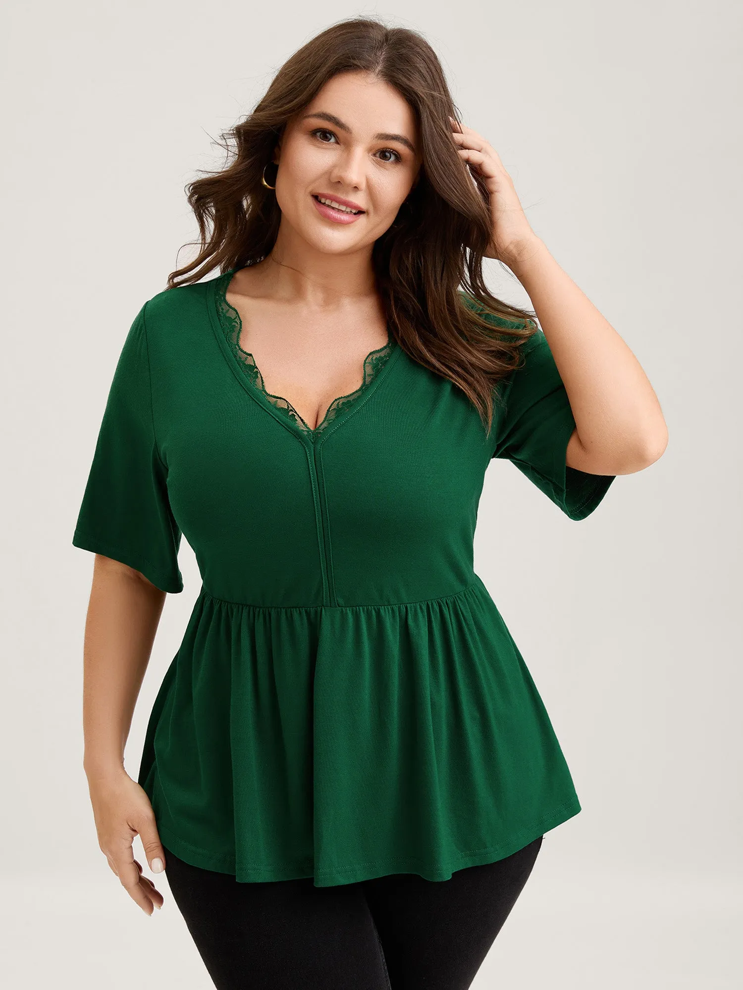 Scalloped Lace Neck Cinched Flared T-Shirt sold by Bloomchic