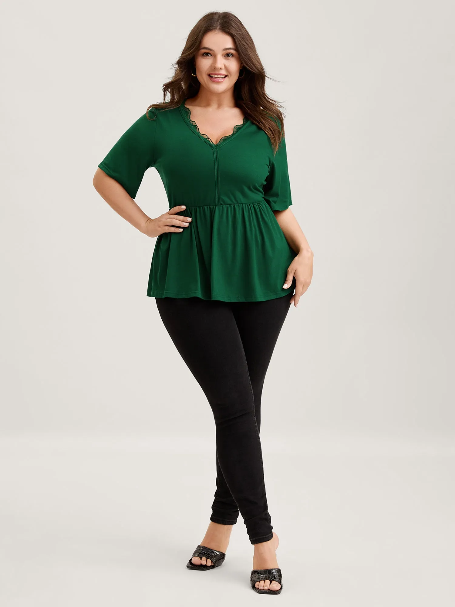 Scalloped Lace Neck Cinched Flared T-Shirt sold by Bloomchic product image thumbnail 3