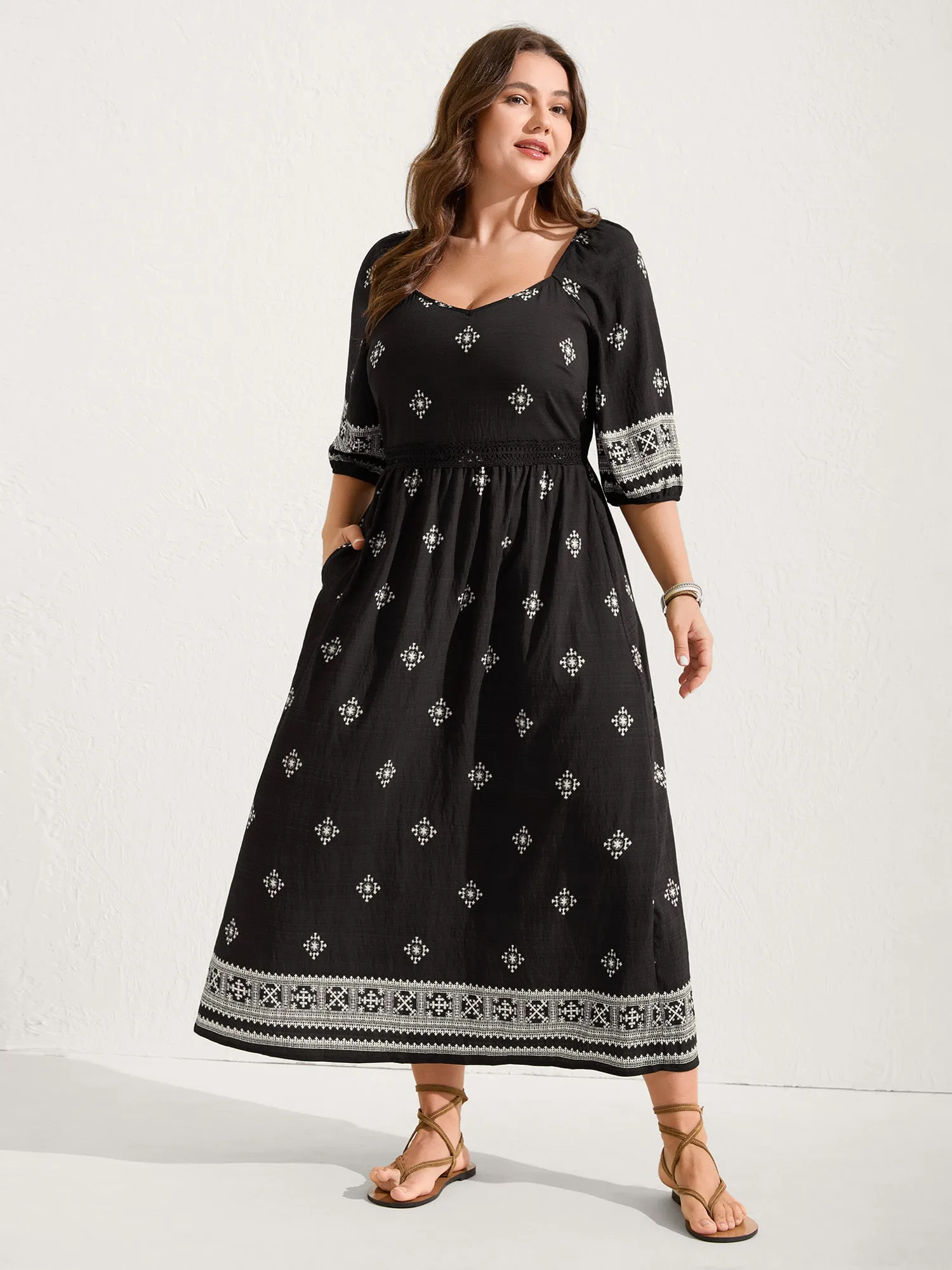 Boho Print Waist-Defining Lace Midi Dress sold by Bloomchic