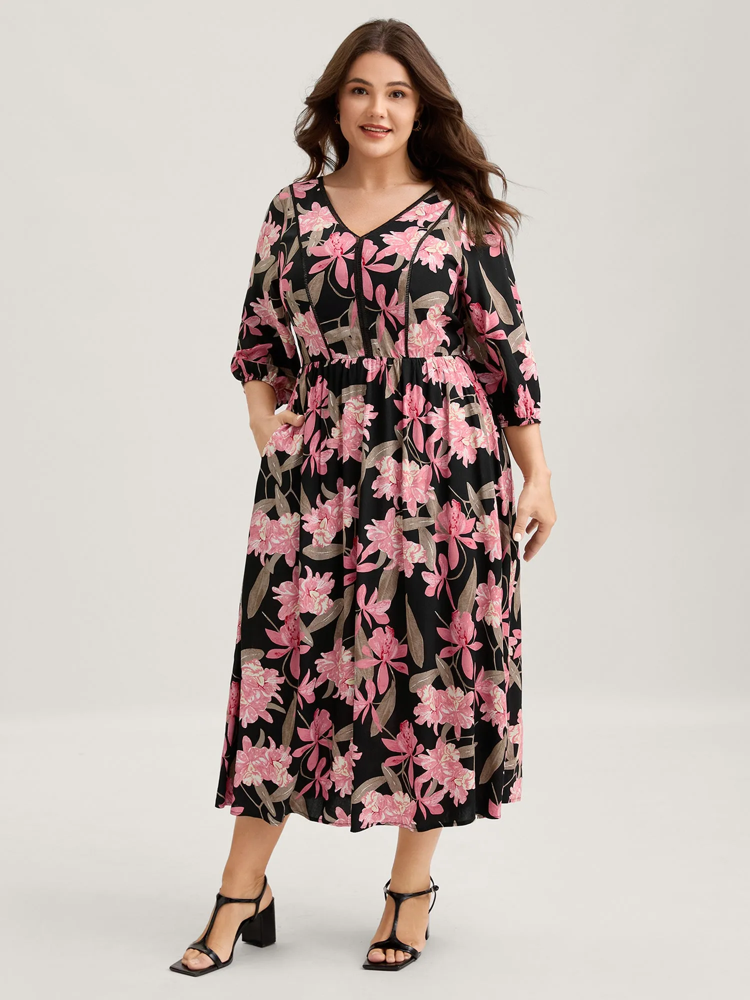 Rayon Floral Lace Panel Pockets Maxi Dress sold by Bloomchic