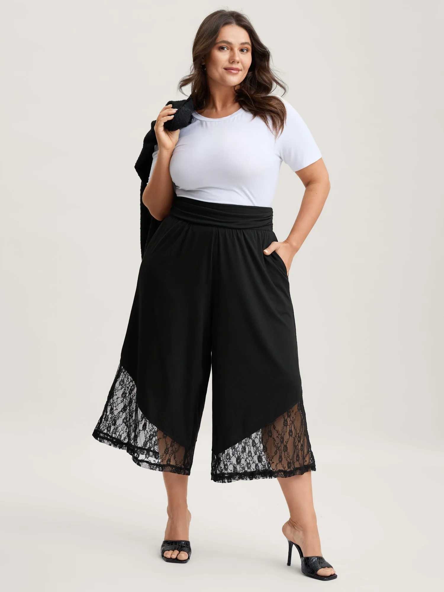 Lace Sheer Hem Wide Leg Pants sold by Bloomchic