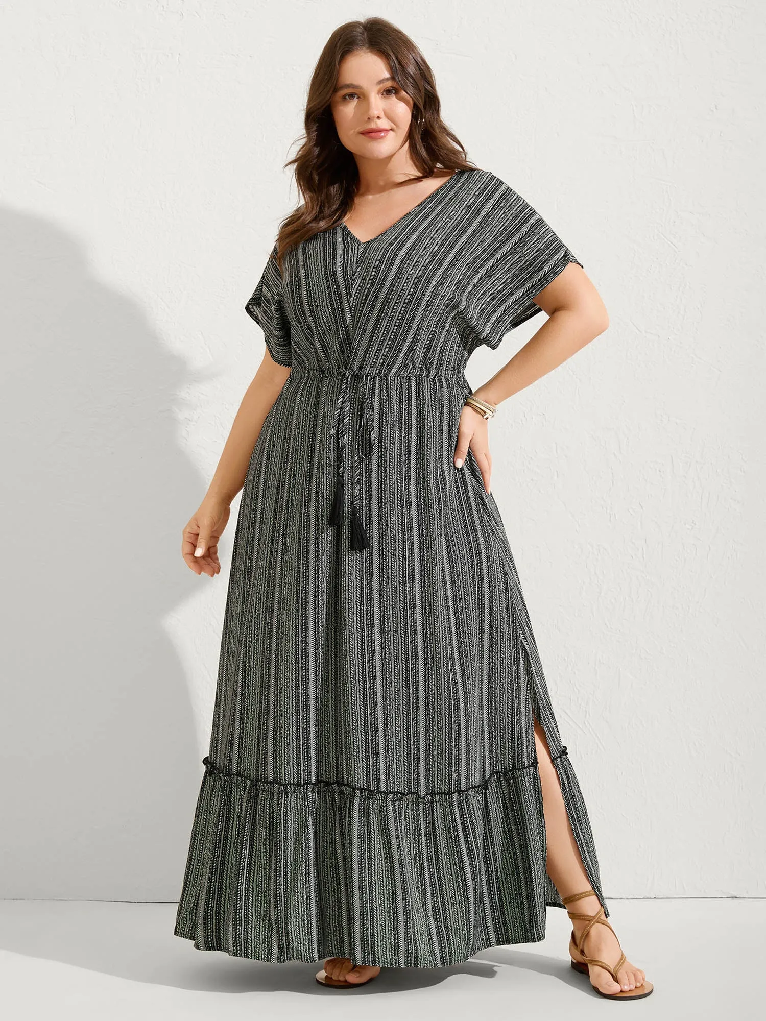 Striped Tassel Drawstring Tiered Midi Dress sold by Bloomchic product image thumbnail 3