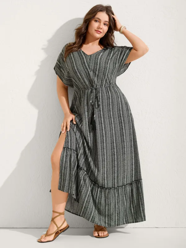 Striped Tassel Drawstring Tiered Midi Dress sold by Bloomchic