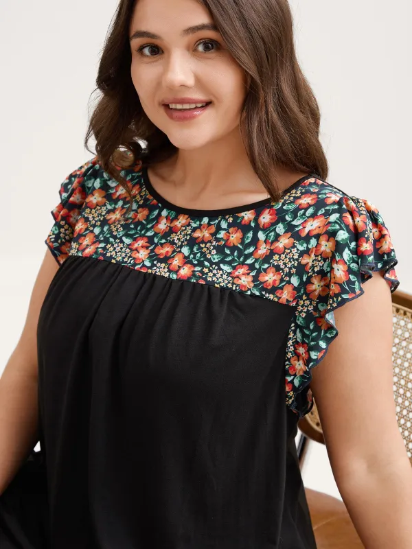 Floral Neckline Flutter Sleeve Contrast T-Shirt sold by Bloomchic